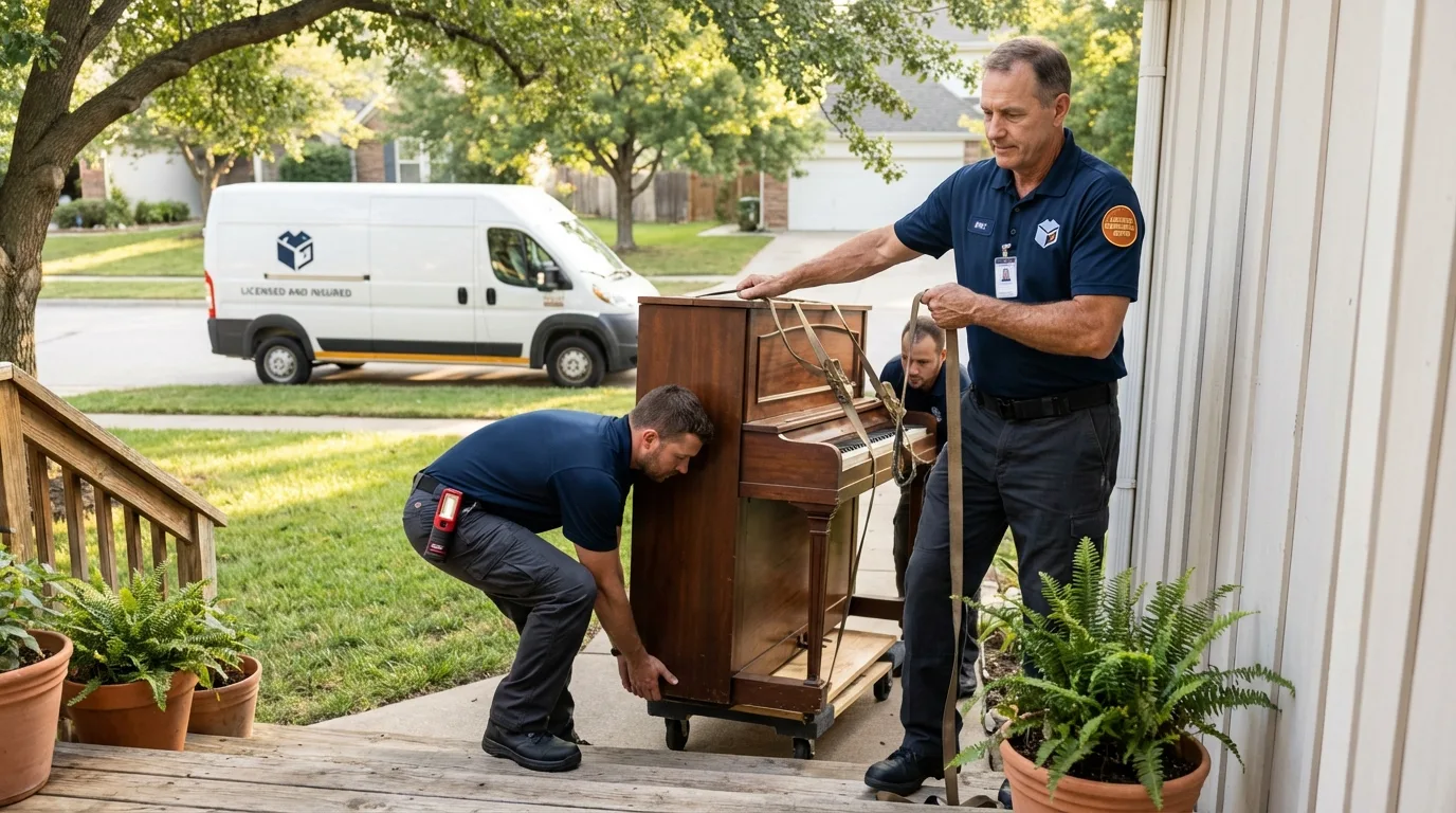 Licensed piano movers securing grand piano in Saint Anne, IL