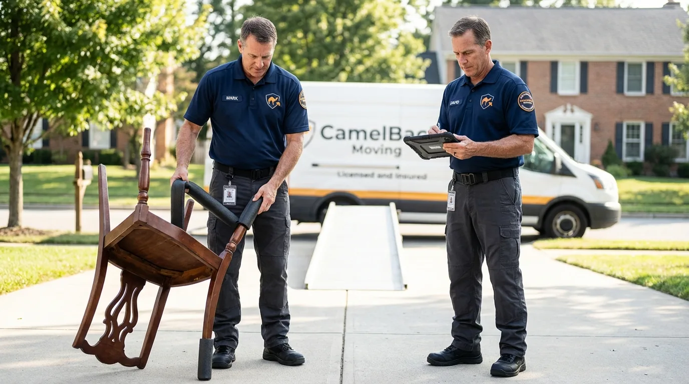 Movers inspecting furniture for damage prevention before loading in Saint Anne, IL