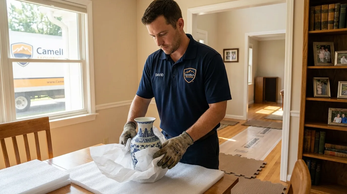 Professional crew carefully wrapping antique vase for senior downsizing move in Saint Anne, IL